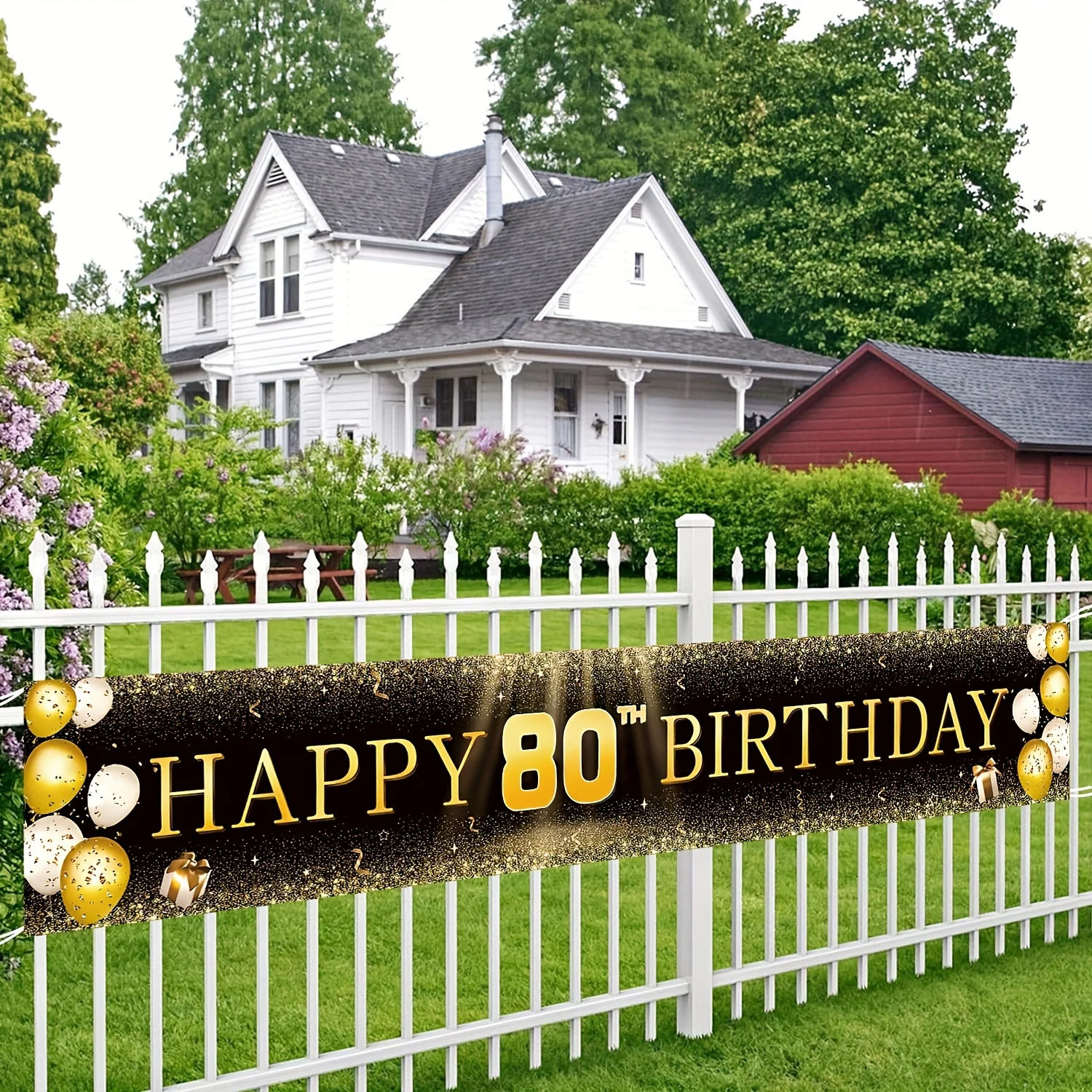 Happy 80th Birthday Banner - Large durable fabric yard sign, suitable for indoor/outdoor celebrations, black