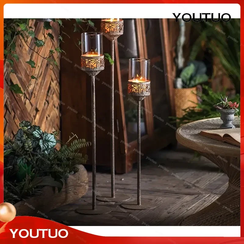 American Retro Windproof Floor Candle Holder Wrought Iron Vintage Handicraft for Foreign Trade Atmosphere Decoration Props