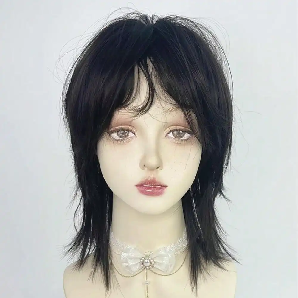 شعر مستعار أسود قصير مستقيم مقاوم للحرارة مع ألياف صناعية للنساء من أجل لوليتا كوسبلاي الهالوين وعيد الميلاد كاجوال جلام #3