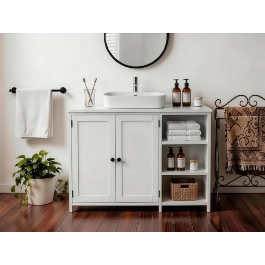 

Under-sink storage cabinet for bathroom use white MDF material with 2 doors and 3 shelves freestanding design featuring U-shape