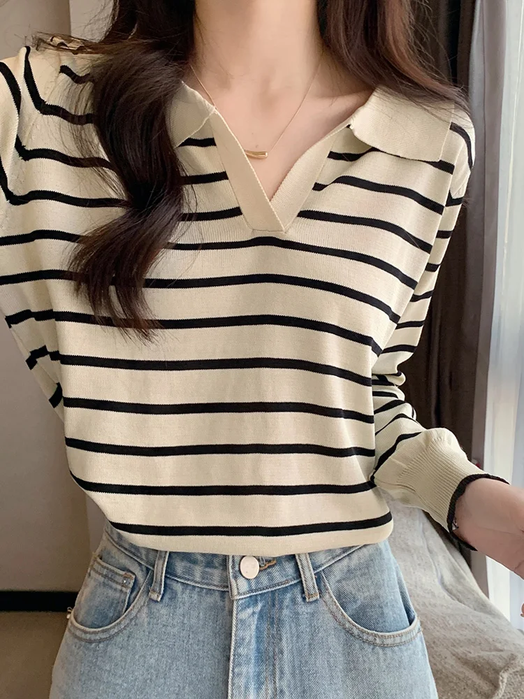 

Temperament V Neck Striped Contrast Color Sweater Women Spring Autumn Long Sleeve Pullover Knitshirts Korean Casual Female Tops