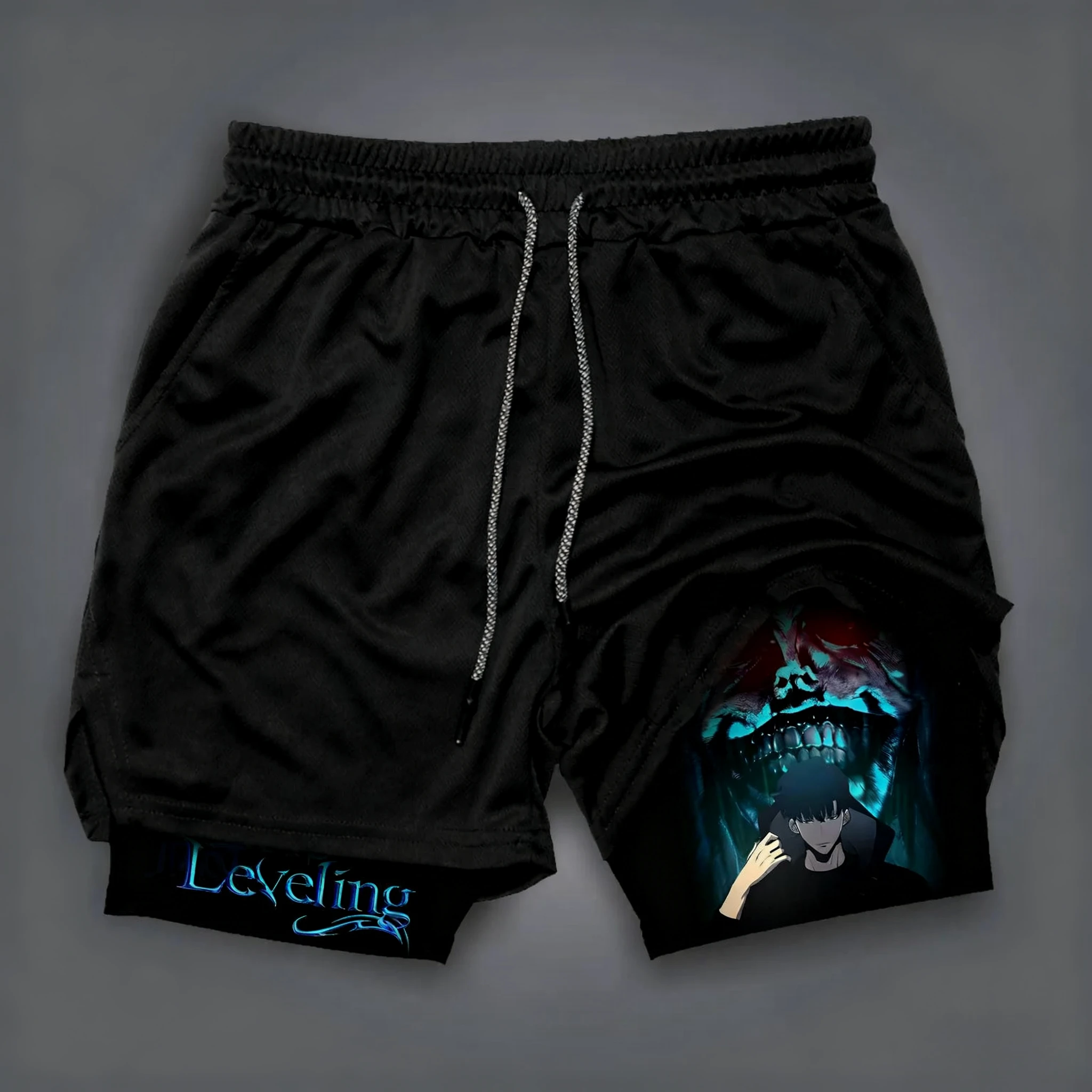 Solo Leveling Anime Printed 2-in-1 Sports Shorts 2026 Summer New Men's Harajuku Street Trend Fitness Running Double Shorts