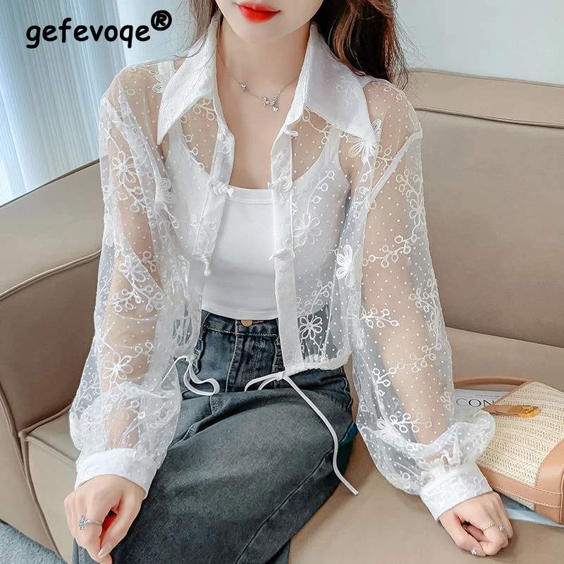 Women\'s Vintage Chinese Style Lace Long Sleeve Sunscreen Shirt Summer Sexy See Through Sweet Chic Blouse Female Solid Loose Tops