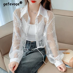 Women's Vintage Chinese Style Lace Long Sleeve Sunscreen Shirt Summer Sexy See Through Sweet Chic Blouse Female Solid Loose Tops