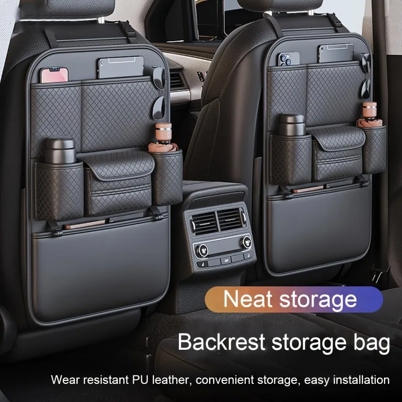 Leather Car Seat Back Organizer Storage Pouch with Tissue Box Holder Multi-Functional Hanging Bag for Auto Interior Accessories