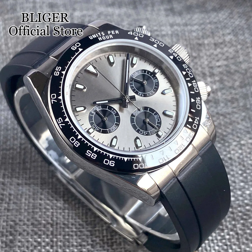 39mm Quartz Chronograph Fashion Sapphire Glass Watch Men VK63 Movement Grey White Black Dial Stainless Steel Polished