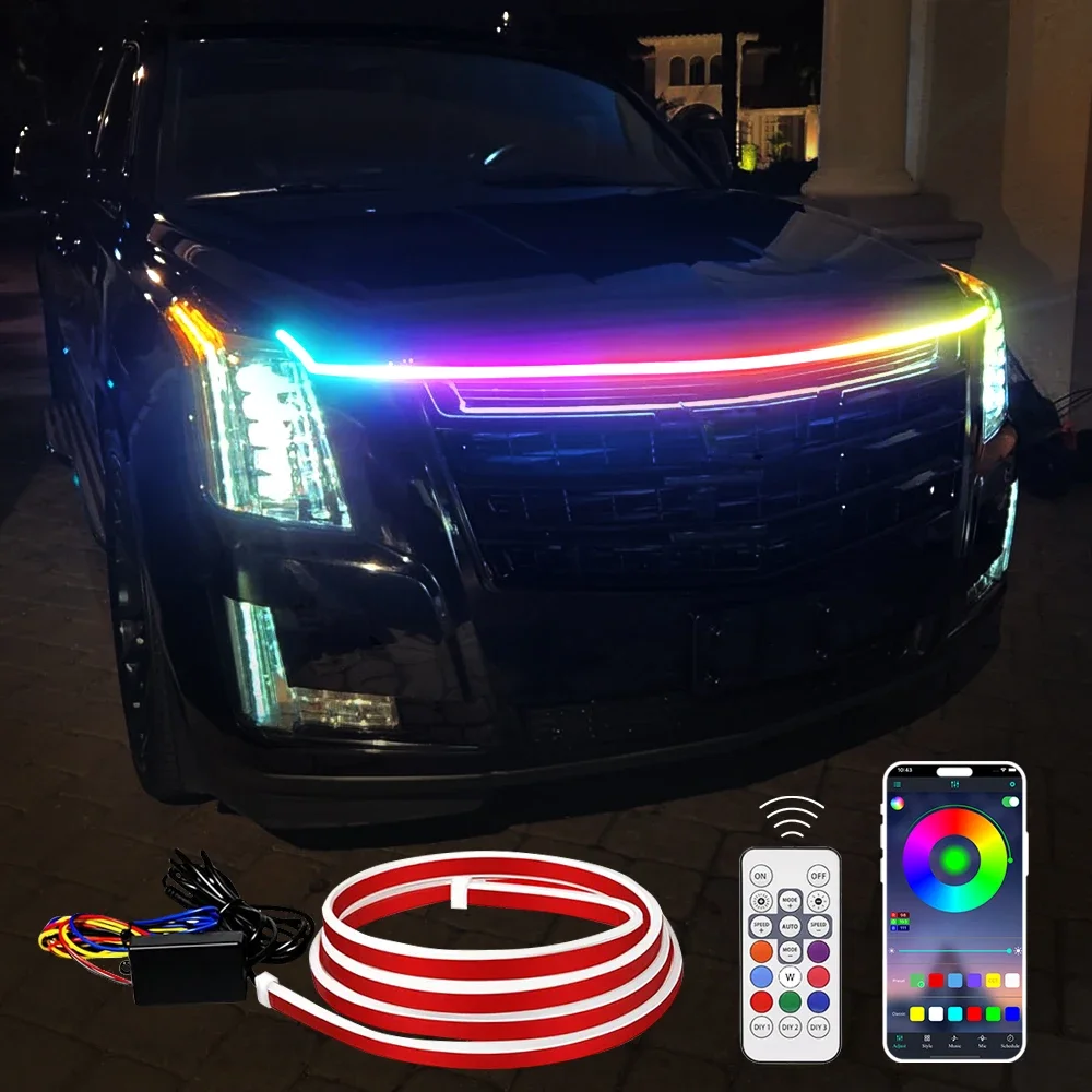 Multi Color APP Control LED Car Hood Light Strip RGB Engine Bay Accent Lighting Ambient Exterior Decoration for Cars SUVs Pickup
