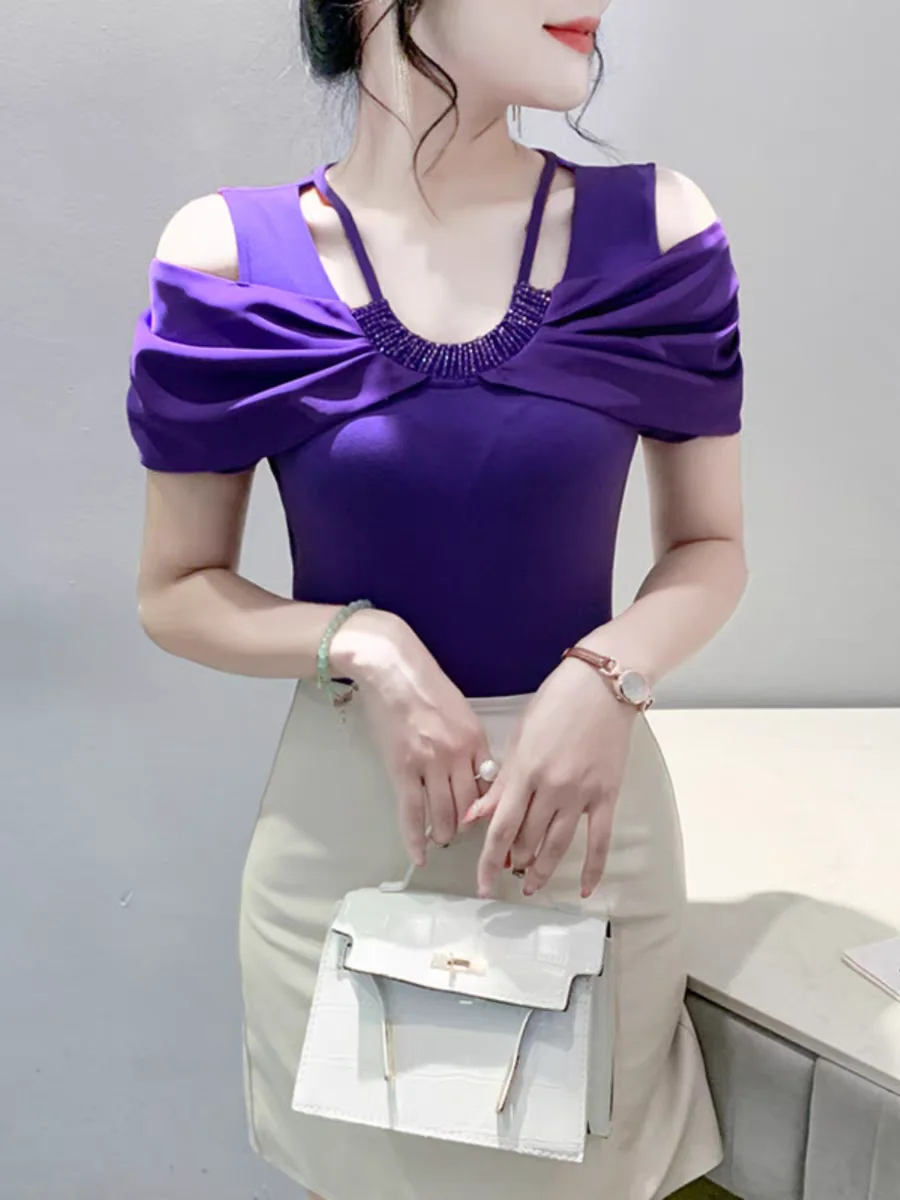 

Summer New Off Shoulder Beaded U-neck T-shirt Women's Short Sleeves Fashion Patchwork Top Girls Cotton T Shirts