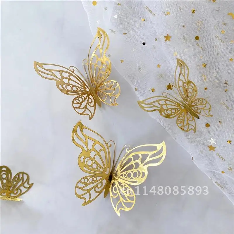 12Pcs/Set 3D Hollow Butterfly Wall Sticker Gold Silver Rose Wedding Decoration Living Room Home Decor Butterflies Decal Stickers