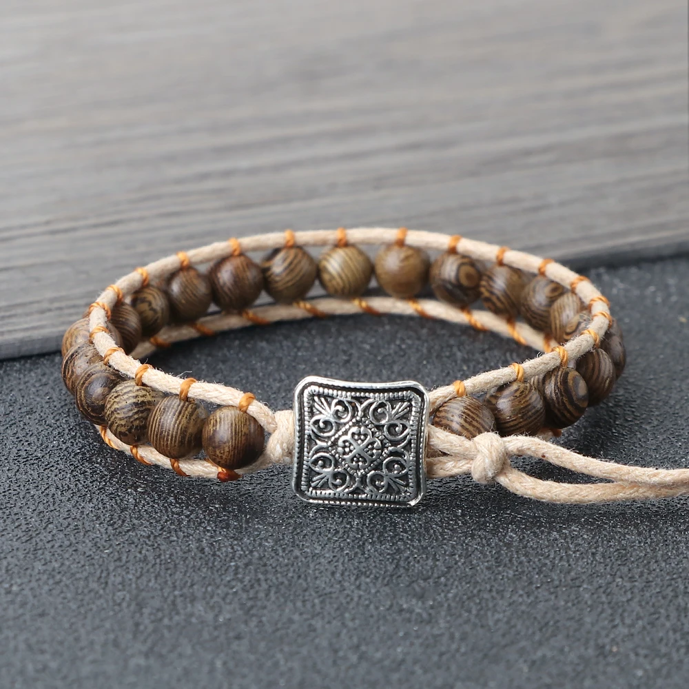6mm Braided Rope Wood Beaded Bracelets Women Men Handmade Charm Tibetan Buddha Bangle Adjustable Yoga Meditation Fashion Jewelry