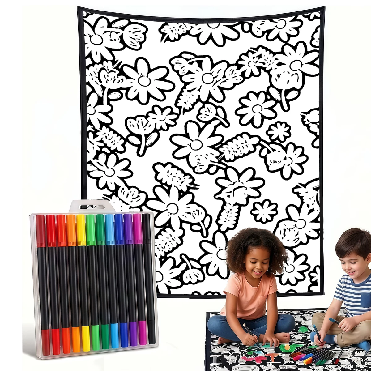 Navy Blue Pink Flowers DIY Cozy Coloring Blankets -24 Markers, Cozy Velvet Ideal For Daily Use Home Decor And Kids Spaces