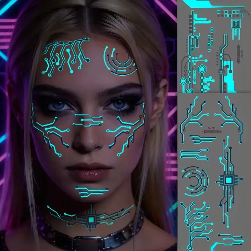 1 Sheet Large Sci Fi Robot Line Waterproof Stickers Glow In Dark Mechanical Temporary Tattoos For Cosplay Party
