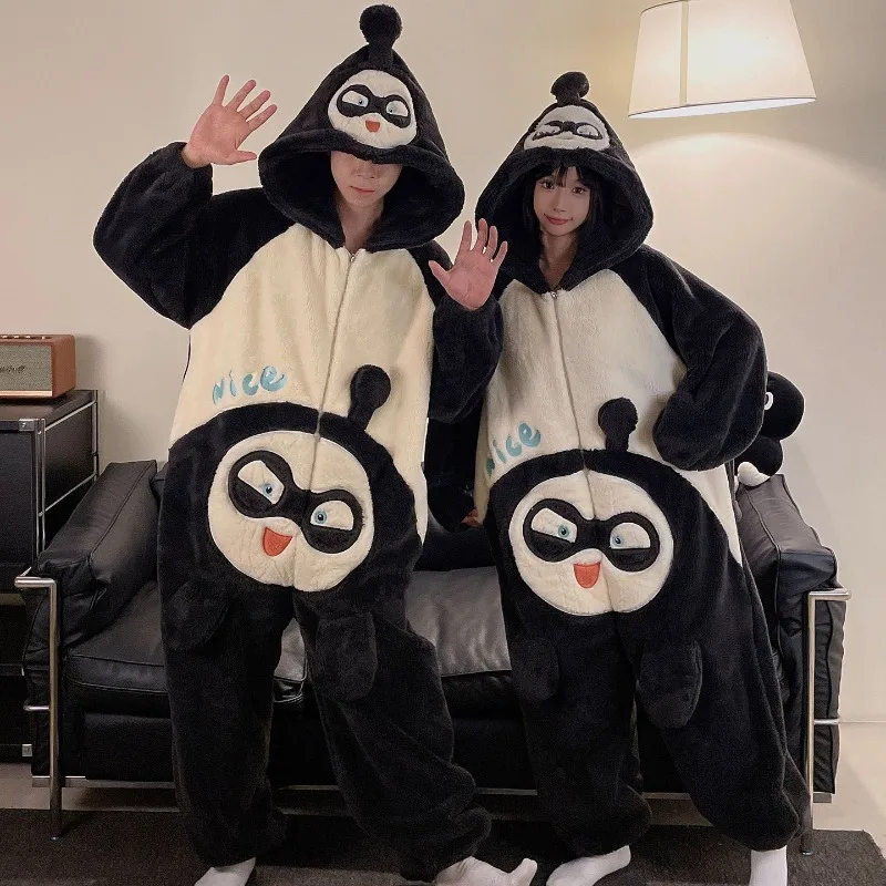

Комбинезон с героями мультфильмов, зимняя одежда для сна, пара, женская и мужская одежда для сна, вечерние черные утепленные пижамы с яйцом, ночная одежда, домашняя одежда с капюшоном