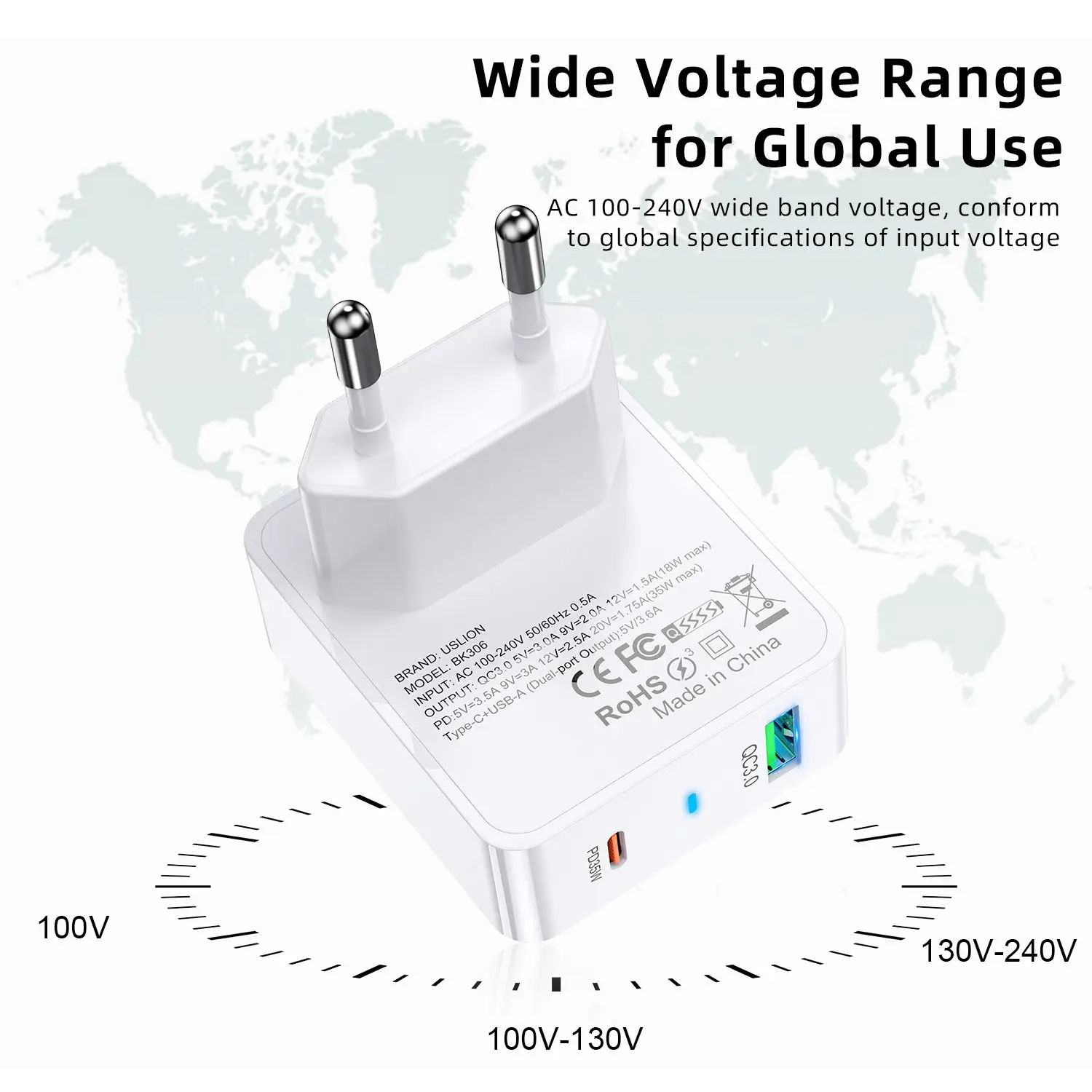 EU/US/KR Plug PD 35W USB C Cable QC3.0 Type C GaN Fast Charger for iPhone 15 Pro Samsung Xiaomi Huawei Universal Quick Charger