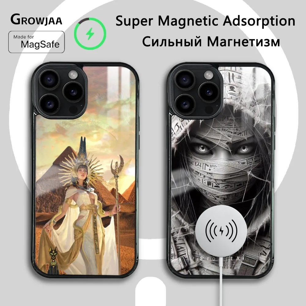 Pharaoh Egypt Cleopatra Phone Case For iPhone 16 15 14 13 12 11 Pro Max Plus Mini Magsafe Mirror Wireless Magnetic Cover