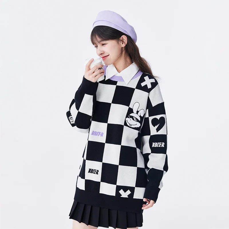 Semir Women Sweater Autumn New Mid-length Oversize Checkerboard Pullover Rabbit Embroidery Jacquard Sweater for Women