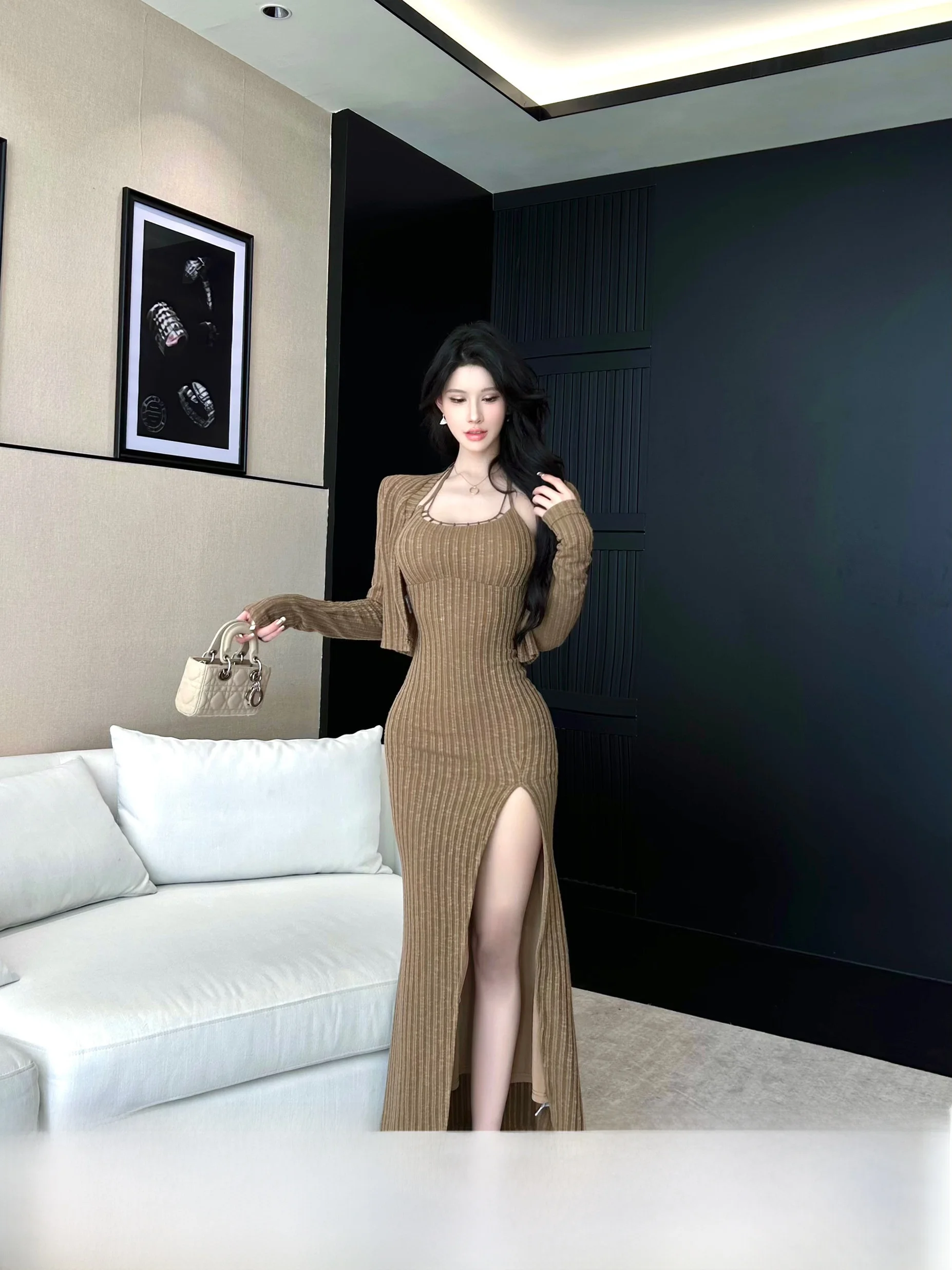 

Sexy Knitted Wrap Dr Women's Spring Summer Svel Neline Long Split Skirt Tight Fit H-ape Clubwear Dustdip Club