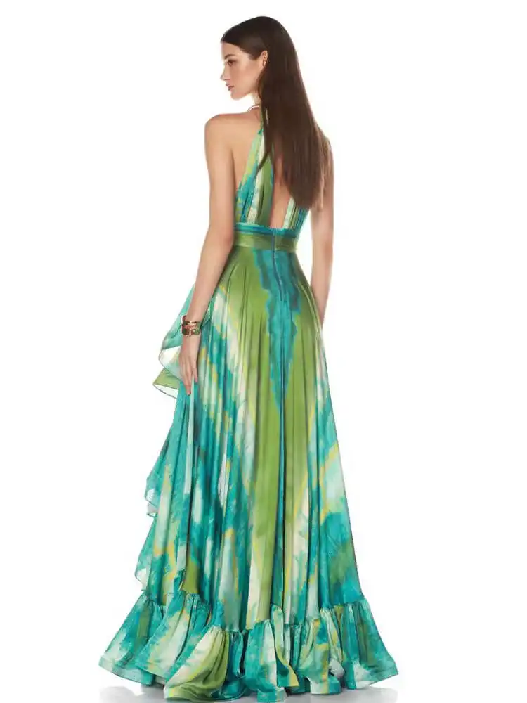 Vestido E de Camadas em Verde adiente com Decote Costas Nuas para Festa de Noite e Praia Moda Fena