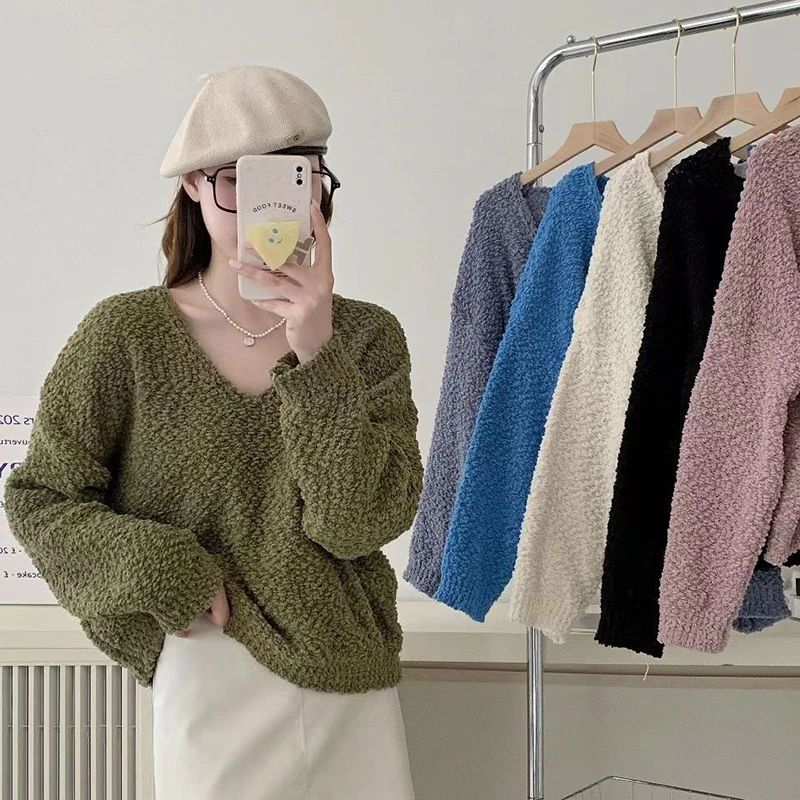 Lazy Style Loose V-Neck Plush Pullovers Women Autumn Winter Y2K Solid Color Cropped Sweater Korean Retro Soft Knitting Jumpers