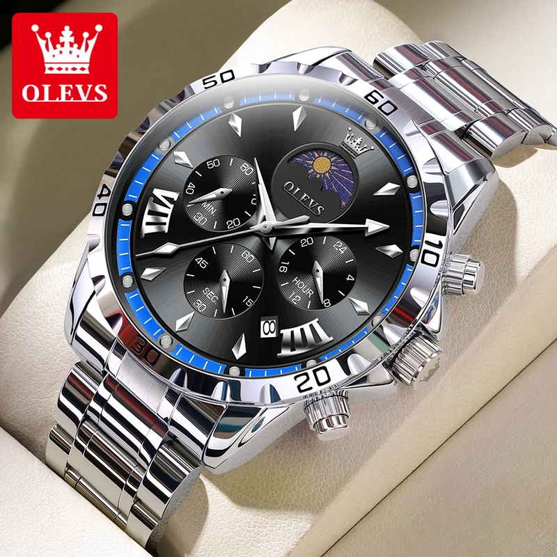 OLEVS Original Brand Men\'s Watches Moon Phase Waterproof Skeleton Trend Quartz Watch for Male Luminous Chronograph Calendar