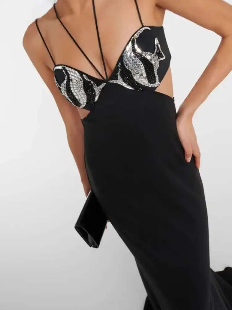 LEOSOXS 2025 女性セレブセクシーなノースリーブキラキラダイヤモンドカットアウトマキシロングブラックドレスエレガントなイブニングクラブパーティー衣装