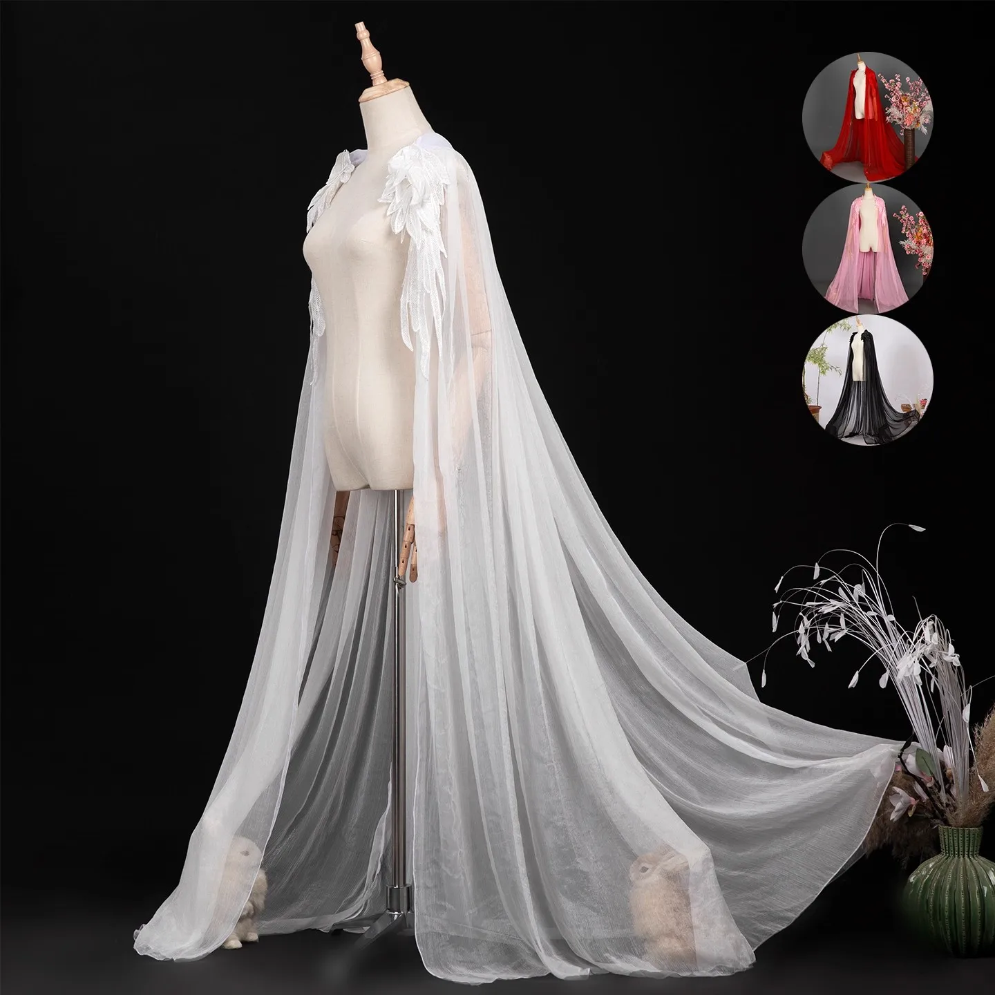 明麗騰達ケープ-マント漢服アクセサリー多用途ホワイトフローウィーユニセックスフェザーロングスタイルショールレッド-ピンク-ブラック女性用ジャケット花嫁