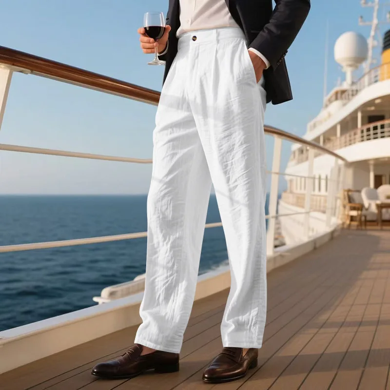 Men High Waist Pleated Dress Pants Straight Leg Loose Formal Trousers Business Casual Lightweight Chino Suit Pants