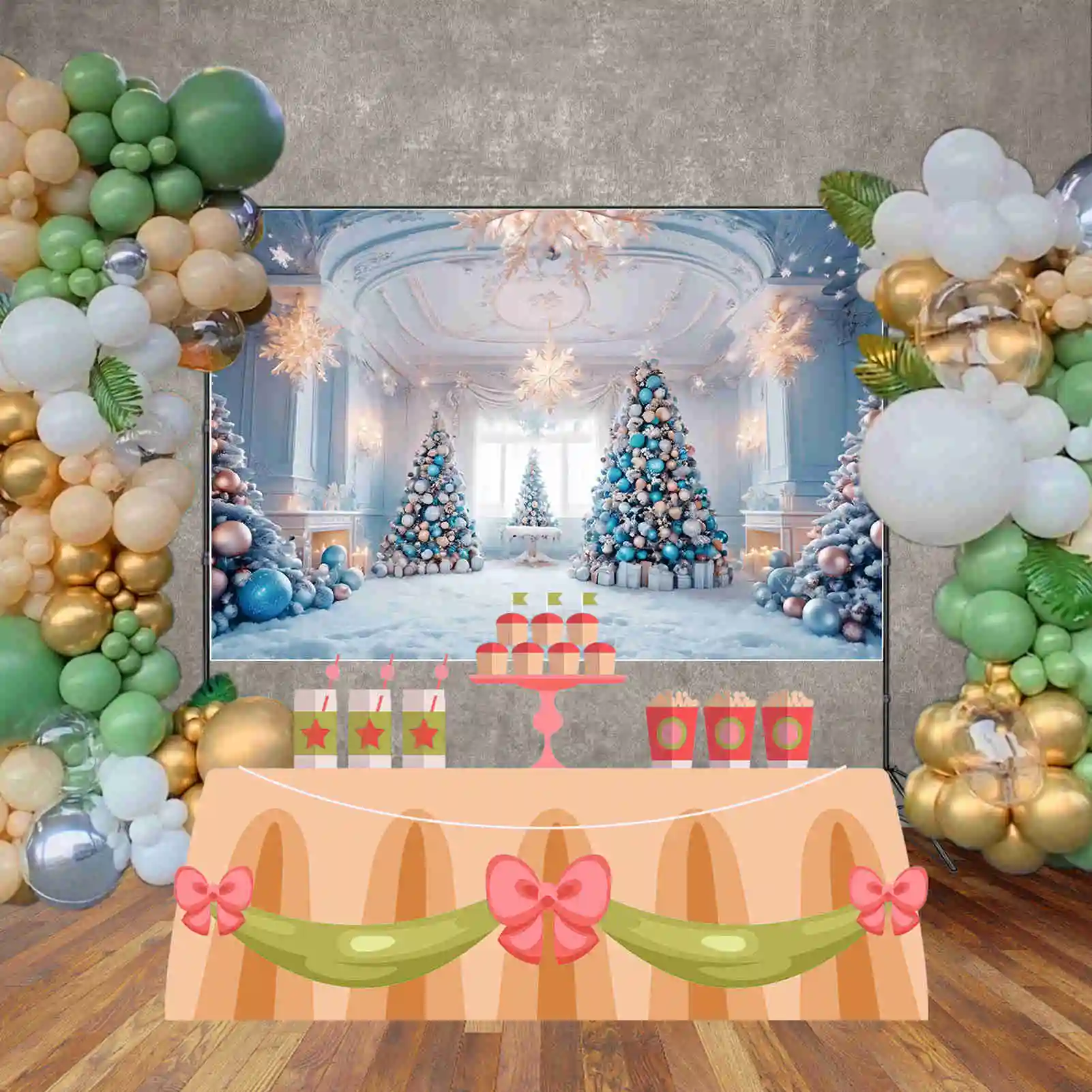 MOON.QG Lighting Christmas Trees Backdrops White Blue Girls Home Room Snowflake Ball Background Party Decoration Photozone Props