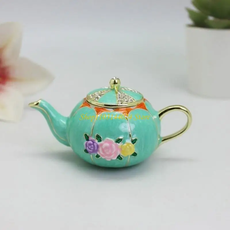 

N5KE Handcrafted Enamel Finish Teapot Shaped Jewelry Tray For Tabletop Decoration
