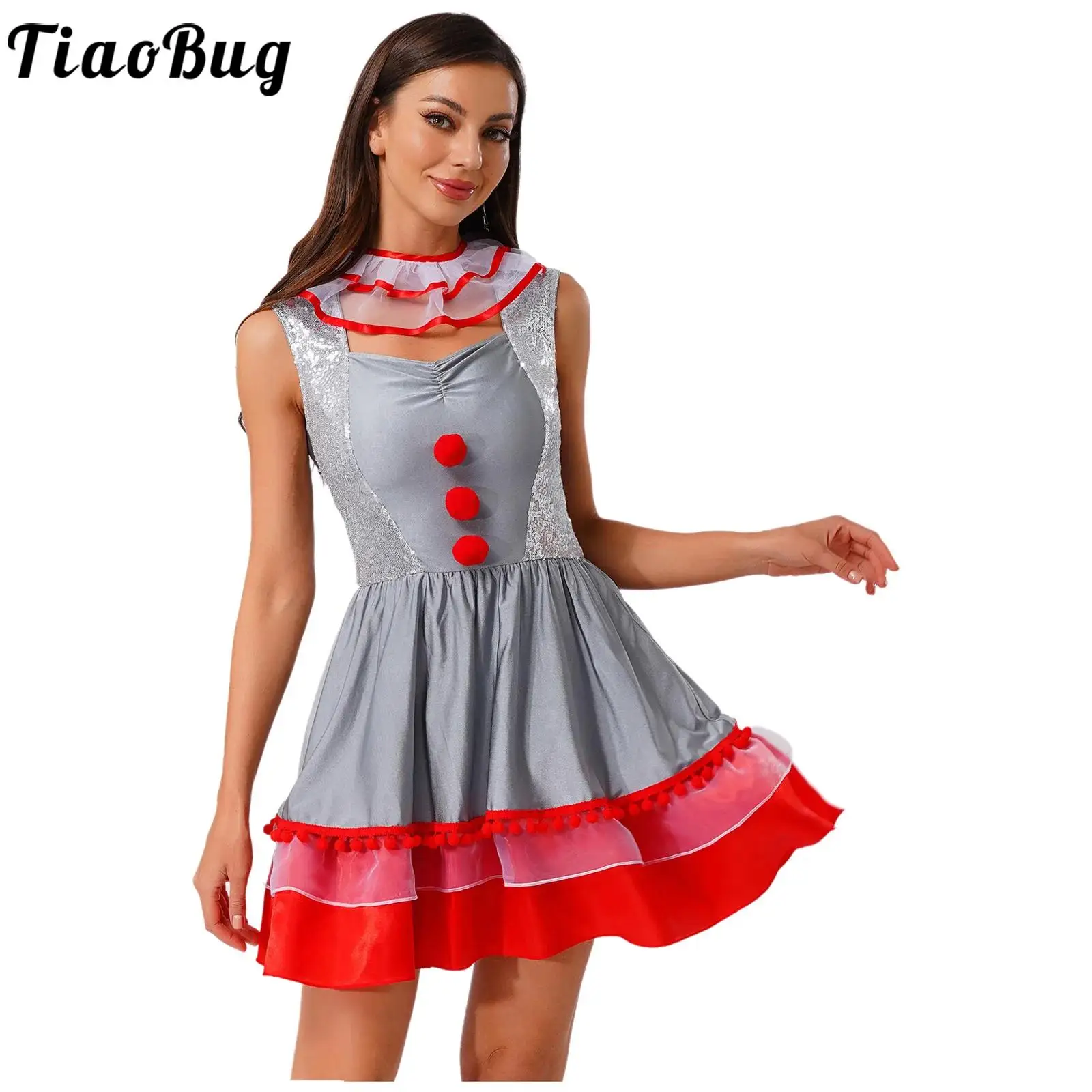 

Женское платье-пачка клоуна на Хэллоуин, шут, блестящий декор с помпоном и блестками, многоуровневое платье-пачка с подолом, забавный костюм для маскарадной вечеринки