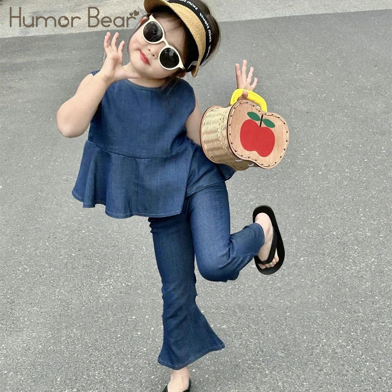 Humor Bear Girls Summer Clothing Single Breasted Denim Top And Flare Pants Fashionable Casual WearTwo-piece Set