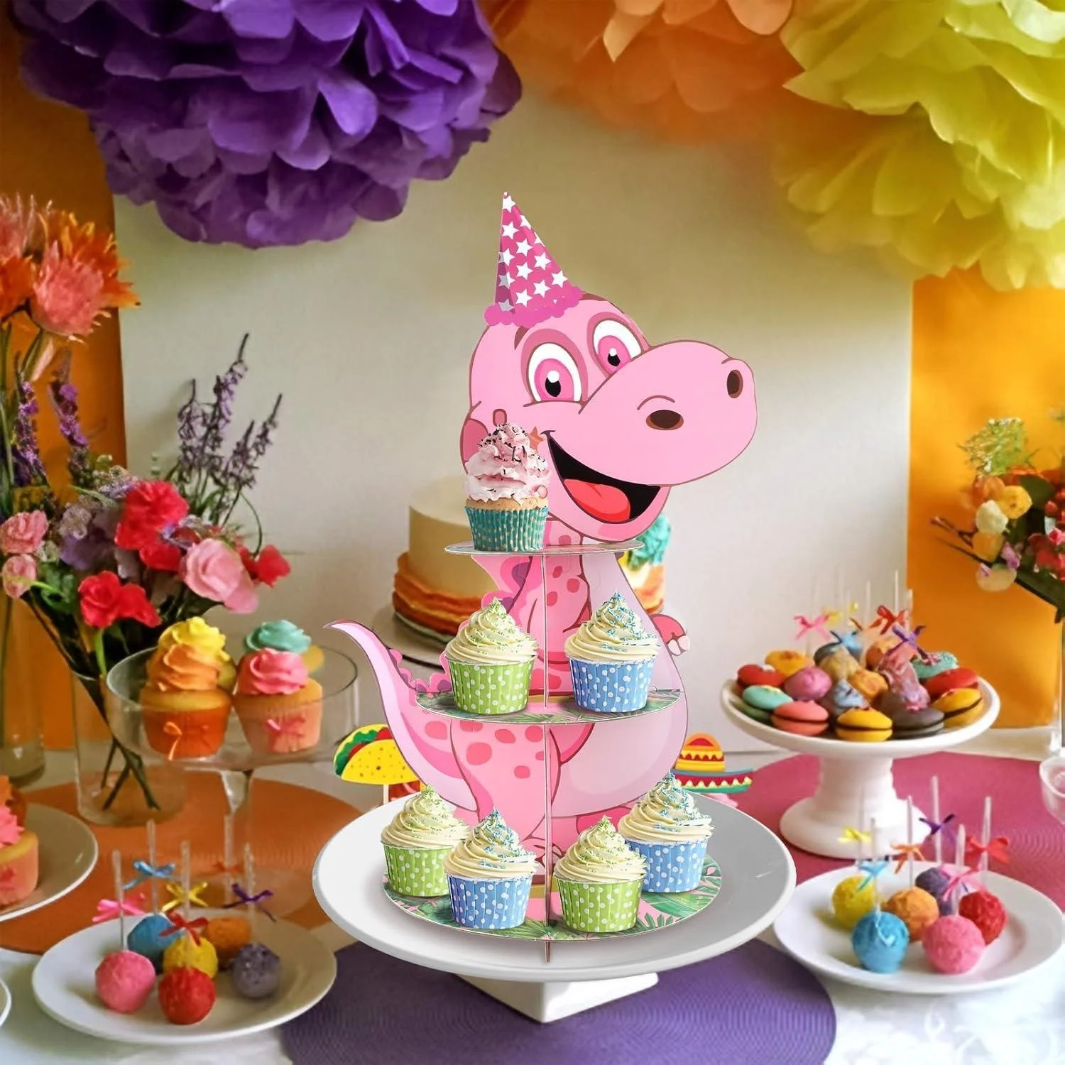 

3-Tier Cupcake Stand Dinosaur Theme Cupcake Holder Dessert Tower for Kids Baby Shower Birthday Party Supplies