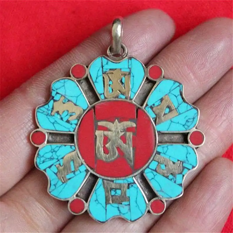 

Tibetan JewelryTBP144 Tibetan six words mantras Amulet pendant38mminlaid turquoise croalNepal vintage flower