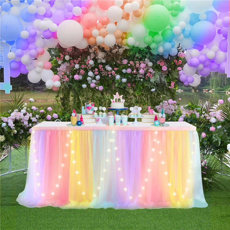 

Tulle Table Skirt with LED Lights 9FT Table Cloth for Baby Shower Wedding Birthday Party Bar Home Table Christmas Decorations