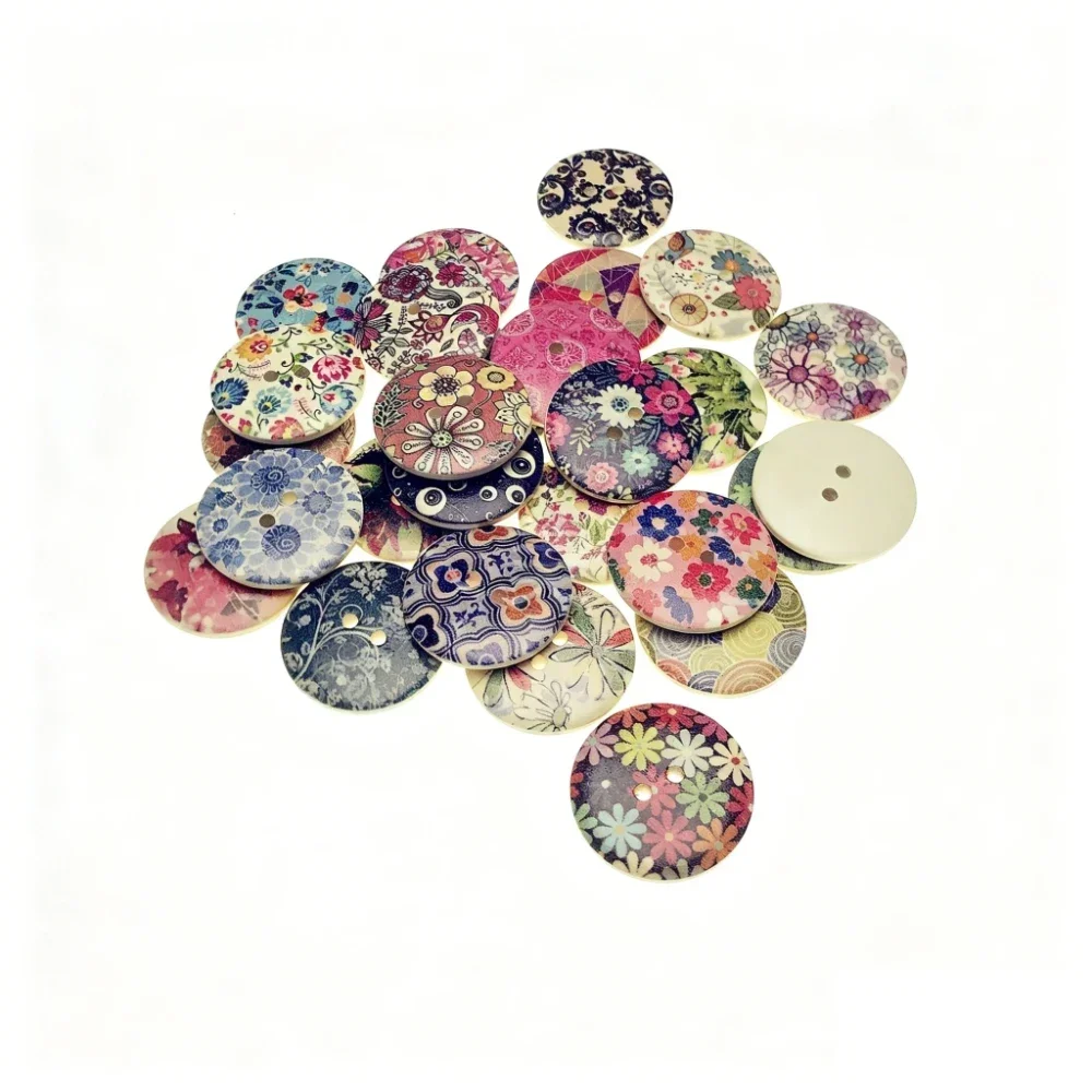 100PCS 20MM 25MM Mixed Flowers Pattern 2-holes Round Wooden Buttons for Sewing Clothing Scrapbooking Crafts Home Decor