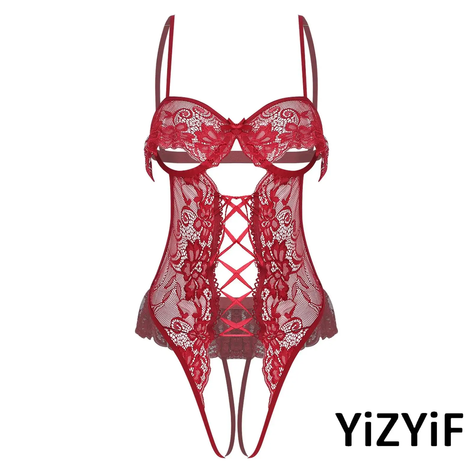 

Womens See Through Floral Lace Bodysuit Lingerie Open Cups Crotchless Ruffled Trim Backless Leotard Alluring Nightgown Sleepwear