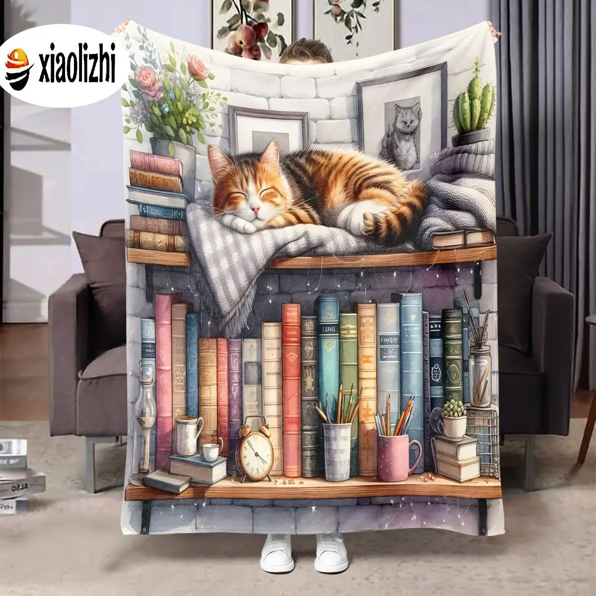 Ultimate Cozy Cat Book Throw Blanket for Reading Nook Literary Aesthetic Fall Autumn Nursery Decor Pet Lover Plush Gift