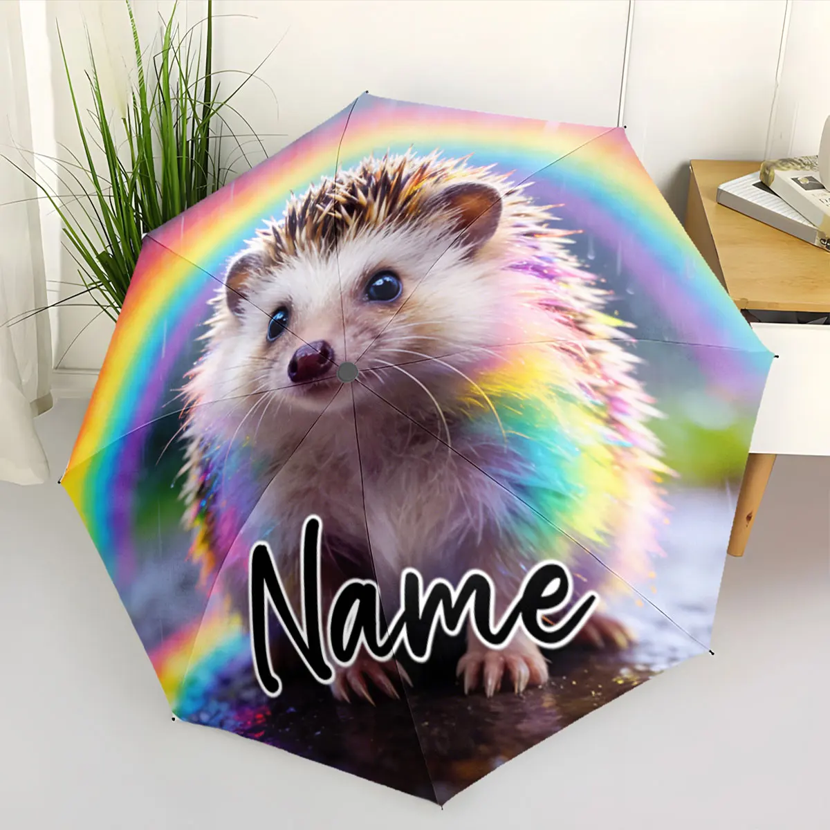 Custom Name Rainbow Hedgehog Design Umbrella Print 8 Iron Ribs Folding Umbrella Auto-Open Fashion Sunshade