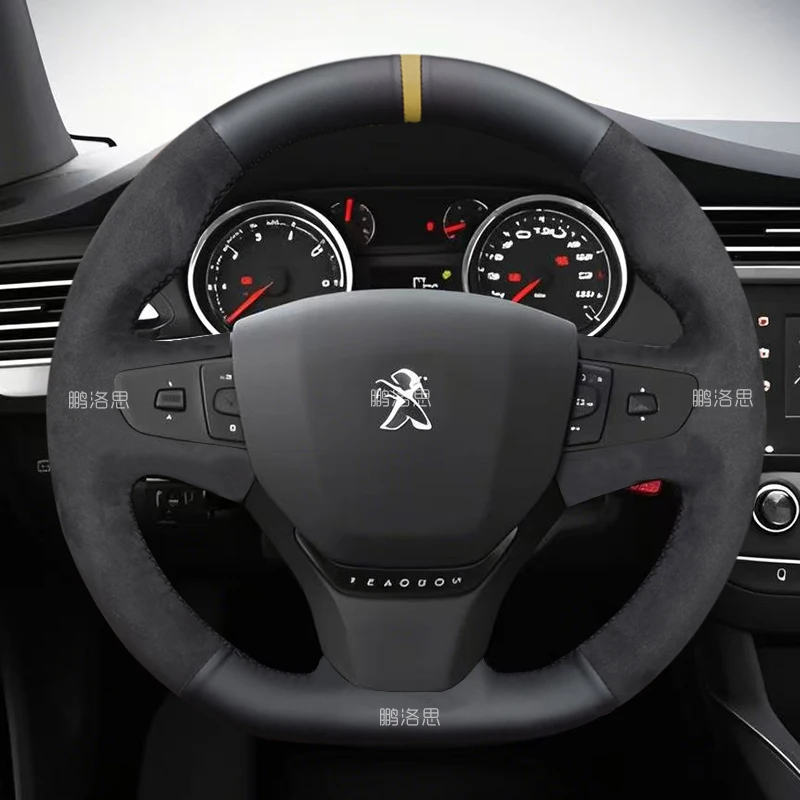 

Hand Stitched black Genuine Leather suede Car Steering Wheel Cover 100% For Peugeot 408 2014-2019 Traveller 2016-2019