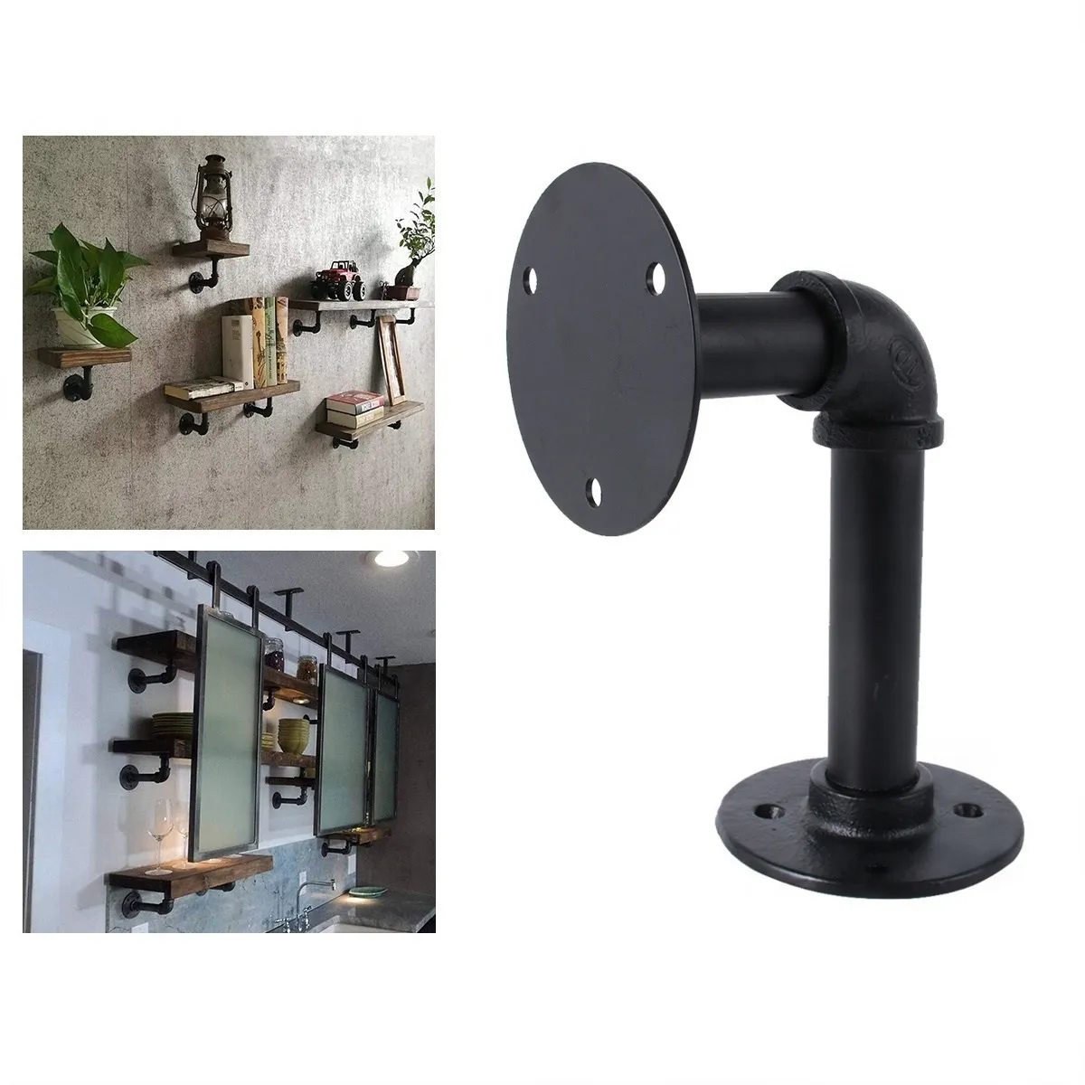 2Pcs Heavy Duty Industrial Iron Pipe Shelf Bracket Retro Black Metal Flange Bracket for Floating Shelves Bookshelves Bottles