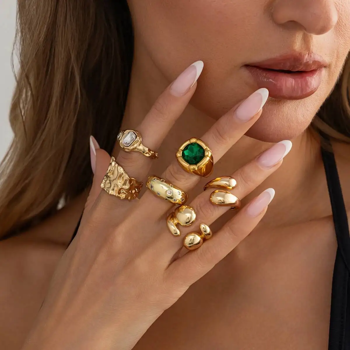 KunJoe 6Pcs/Set Vintage Green Inlay Green Rhinestone Rings Women Trendy Luxury Pleated Adjustable Finger Ring Party Jewelry Gift