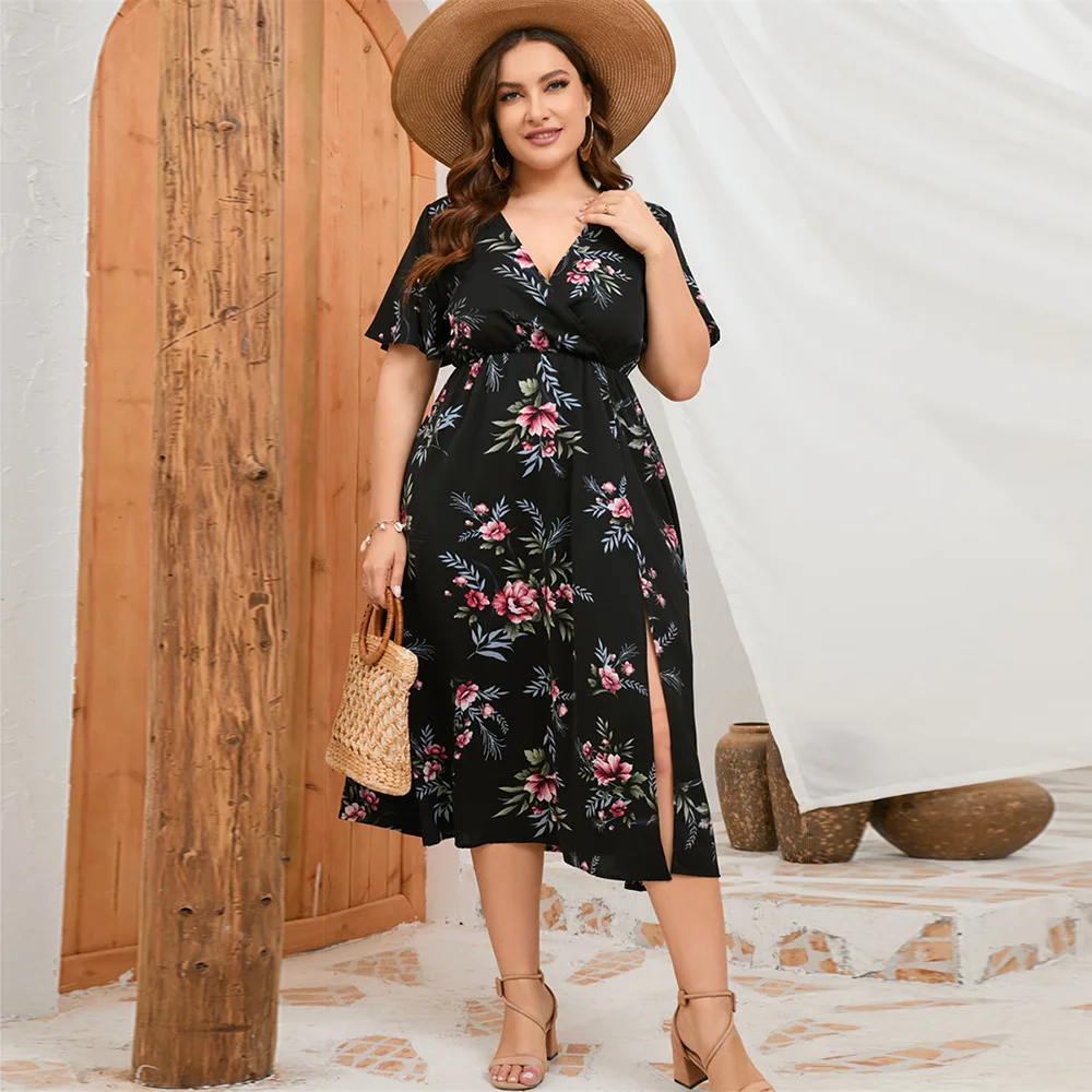 Plus Size Frauen sexy Strand Urlaub Party Kleid Kurzarm tief V-Ausschnitt Blumen druck Midi lange Split Kleider weiblich Stoff