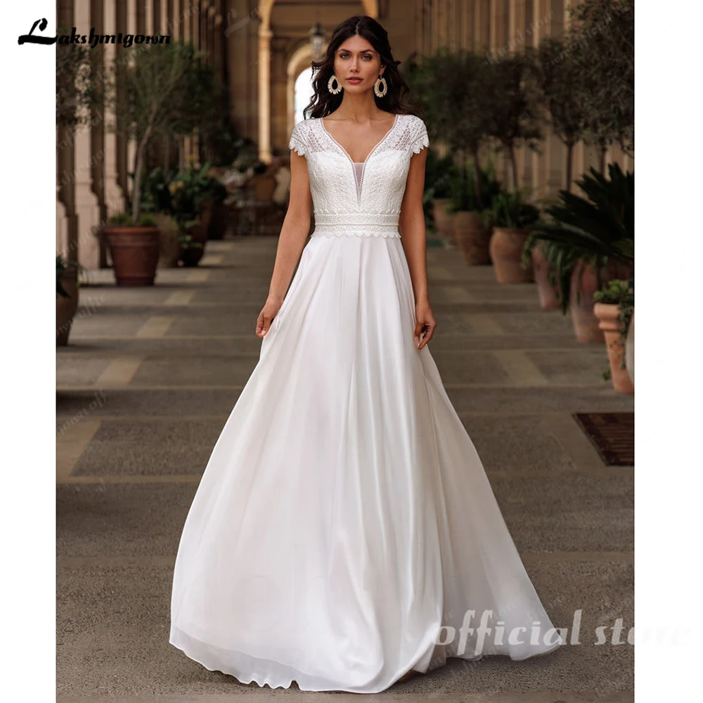 Lakshmigown Sexy Elfenbeinfarbenes Boho V-Ausschnitt Spitzen-Chiffon-Hochzeitskleid für Frauen Applikationen A-Linie Brautkleid Vestidos De Novi Maßanfertigung – Detail 5