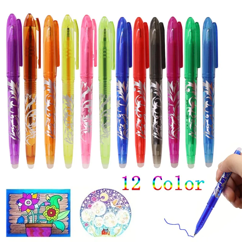 12pcs Erasable Gel Pen  Multi-Color0.5mm Tip Painting Writing Drawing School Black Blue Red Pink Orange Green Purple Light Blue