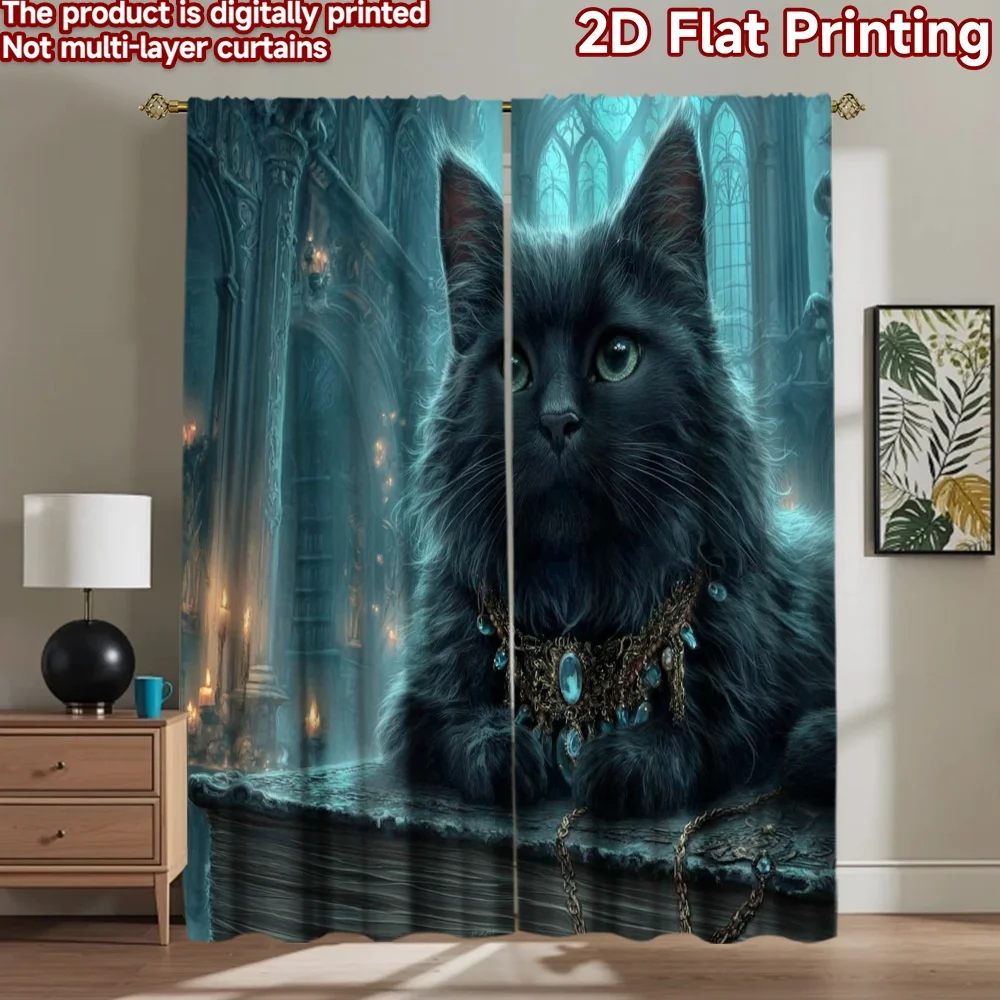 

2D flat printing 2pcs Scene Curtains Black Cat Green Eyes Mystical Digital Printed Polyester Drapes Holiday Decorations Use for