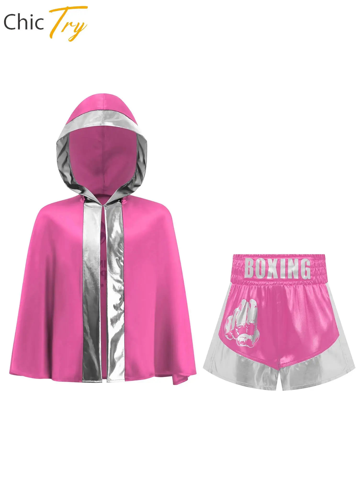 

New Kids Boys Girls Boxing Training Outfit Hooded Cloak+Satin Muay Thai Shorts Sportswear for Gym Training Martial Arts Fighting