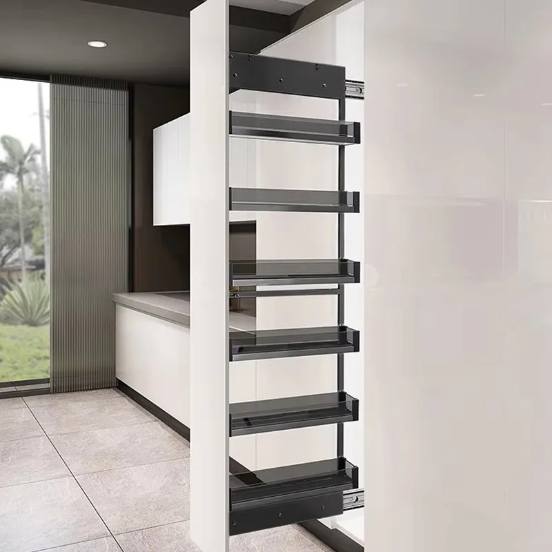 

Kitchenware Aluminum Tall Pantry Pull Out Storage Shelves Pantry Side Pull Out Basket Handy Storage Rack Kitchen