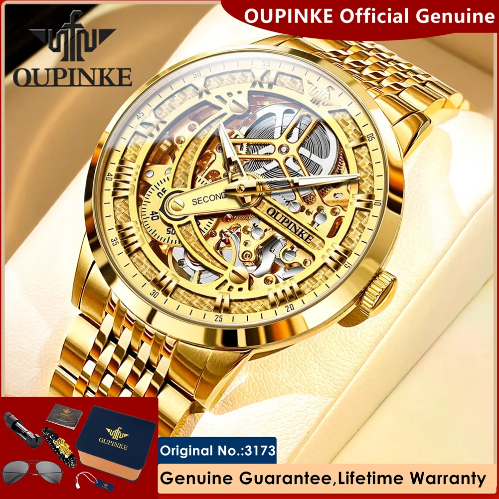 

OUPINKE Luxury Automatic Mechanical Watch for Men Gold Stainless Steel Sapphire Mirror Skeleton Hollow Design Men's Wristwatches