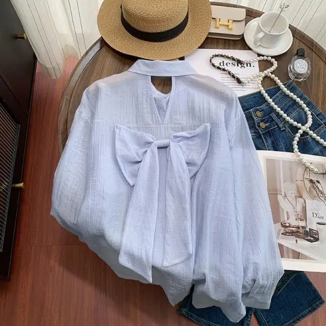

Women's Summer New Style Sweet Back Bowknot Hollow out Sun Protection Shirt Korean Loose Fit Long Sleeve Collar