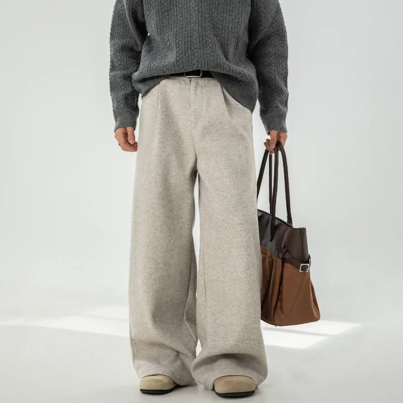 2026 Autumn New Simple Solid Woolen Men's Casual Suit Pants Winter Korean Fashion Thick Warm Elegant Straight Wide Leg Trousers
